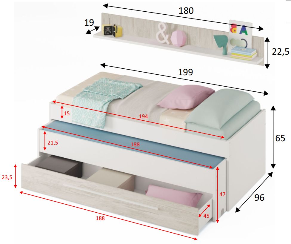 Cama ELLIOT doble cajon y estante